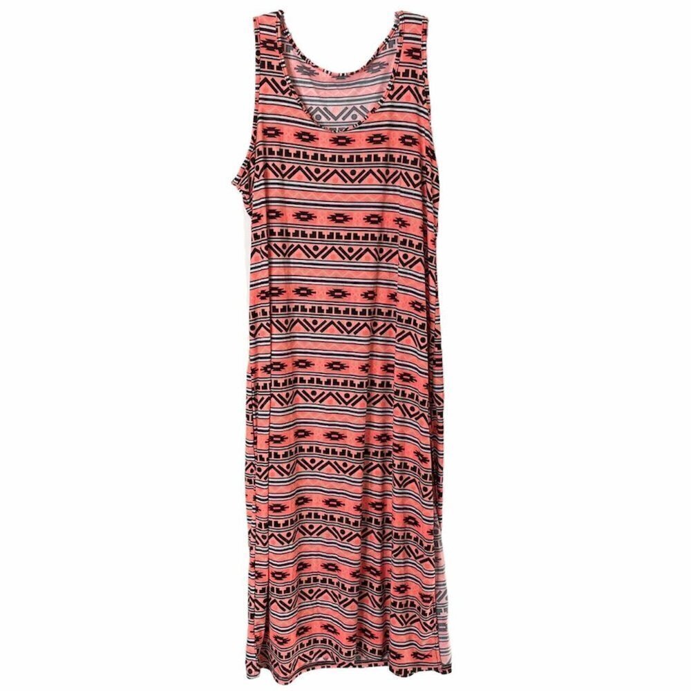 🌺 Boutique Sleeveless Aztec Stripe Neon Pink Stretchy Column Maxi Dress Size 1X
